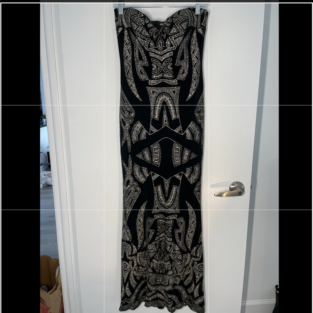 No label long black stretchy gold glitter maxi